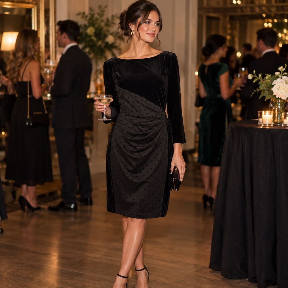 Black Velvet Dress 6 S Burnout Draped Waist Long Sleeve Cocktail LBD